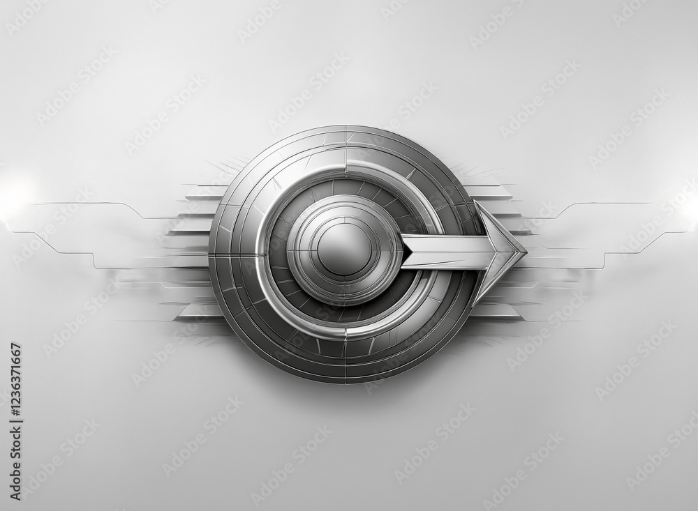 Poster Sleek metallic circular design with an arrow, suggesting progress and innovation.  Subtle wings flank the central motif on a light background.
