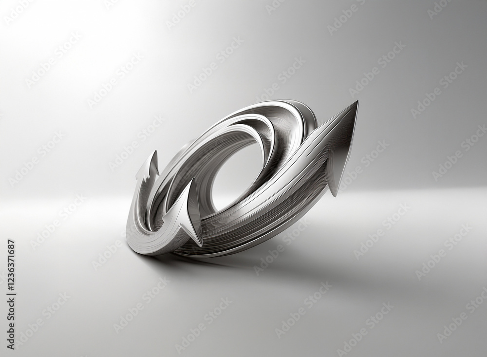 Poster Intertwined metallic arrows form a dynamic circular motion, suggesting continuous progress and cyclical renewal.  The sleek, silver design is set against a minimalist, light grey background.