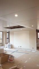 Apartment Renovation in Progress Installing Gypsum Board Ceiling, Drop Ceiling and Remodeling