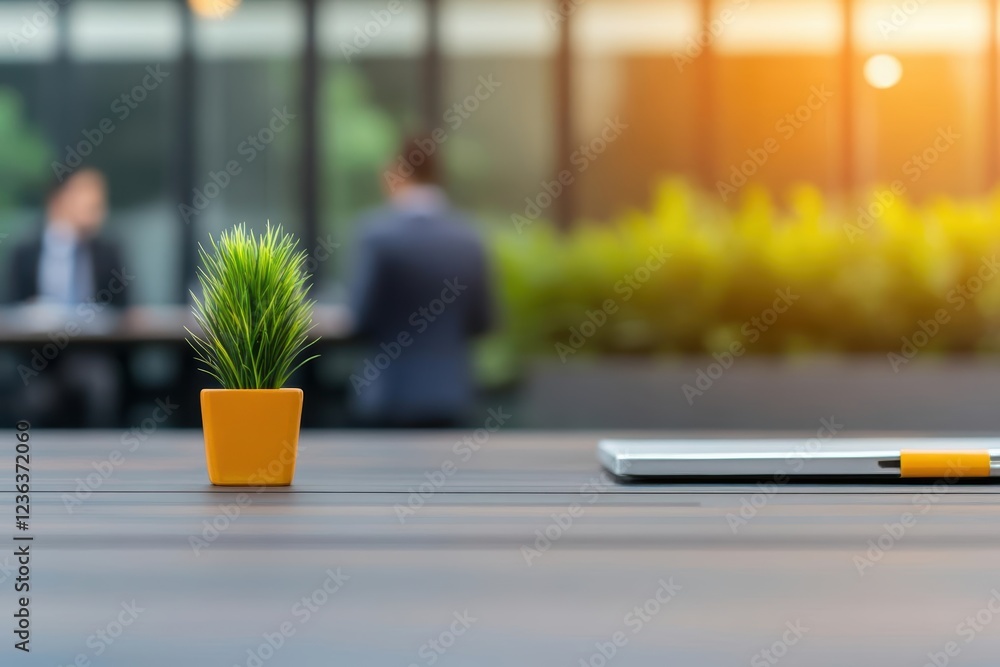 Aufkleber lush green potted plant elegantly positioned on a wooden table surrounded by soft natural light crea