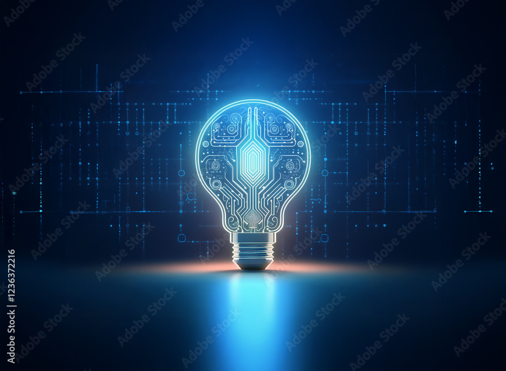 Poster A glowing lightbulb, its filament replaced with intricate circuitry, sits on a dark surface.  The background features a digital circuit pattern, symbolizing innovation and technological advancement.