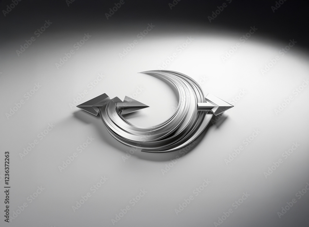 Poster abstract metallic sculpture. intertwined, curved arrows form a dynamic, crescent-shaped design, illu