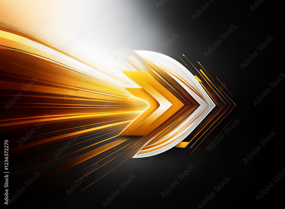 Poster abstract image depicting a golden arrow in motion, streaking across a dark background with bright li