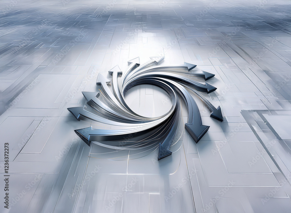 Poster a circular arrangement of metallic arrows spiraling inward, suggesting convergence, cyclical motion,