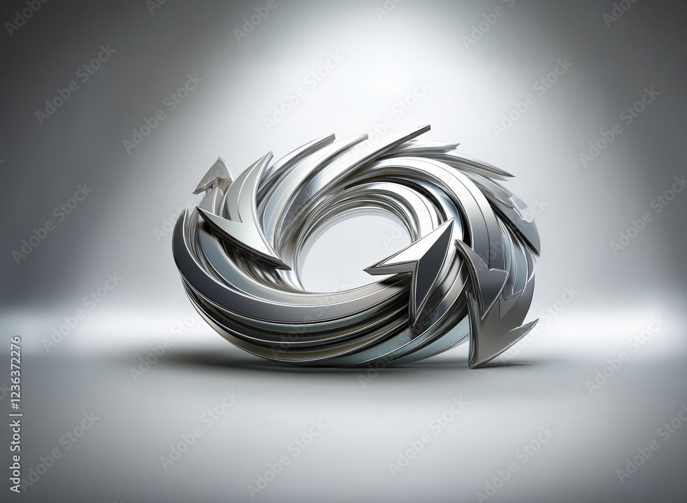 Poster Abstract silver sculpture.  Intertwined, arrow-shaped forms create a dynamic, circular design.  Metallic texture, smooth curves and sharp points.  Illuminated against a neutral backdrop.