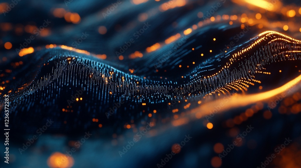 Aufkleber abstract digital background with glowing particles on a wavy surface resembling data flow