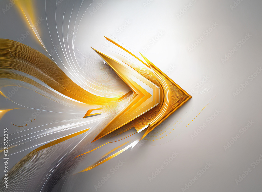 Poster A golden arrow, sharp and gleaming, cuts through flowing, abstract lines of light and shadow.  The design is modern, dynamic, and suggests movement and progress.