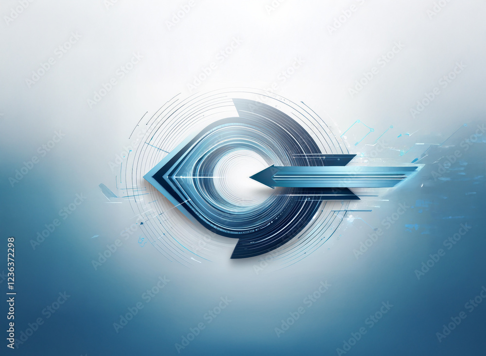 Fototapete Abstract blue and gray concentric circles form an eye-like shape, with a metallic arrow pointing right, suggesting forward motion and technological advancement.  The background is a soft gradient of b