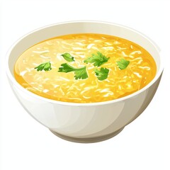 Creamy Chicken Soup with Vegetables and Fresh Herbs in a White Bowl on a Light Background