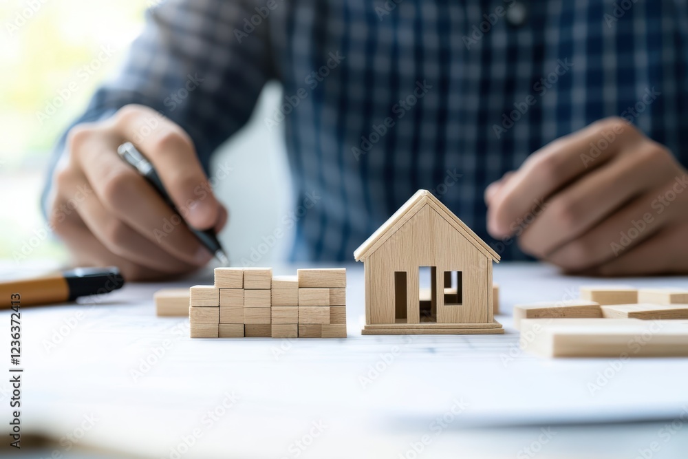 Aufkleber A focused man skillfully constructs a sturdy house using colorful wooden blocks creating a playful yet educational atmosphere of creativity and imagination