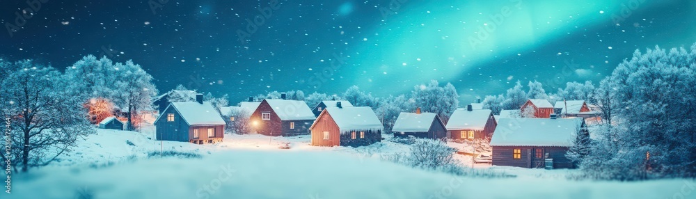 Poster enchanting snowy cabin nestled under a vibrant green aurora illuminating a tranquil winter night cre