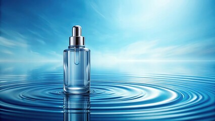 Naklejka premium Glass bottle of cosmetics floating on water with gentle ripples and reflections on a blue background Mockup, blue background, cosmetics