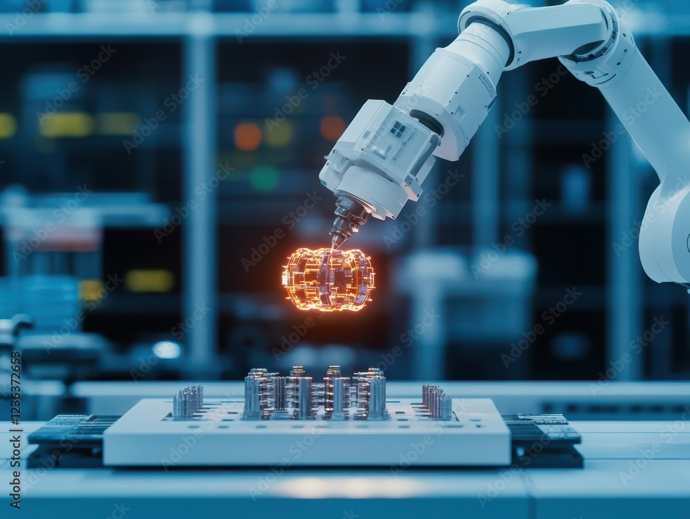 Fototapete Futuristic Robot Engaged in Precise Metal Fabrication with Industrial Tools in a High-Tech Workshop Showcasing Innovation and Advanced Technology