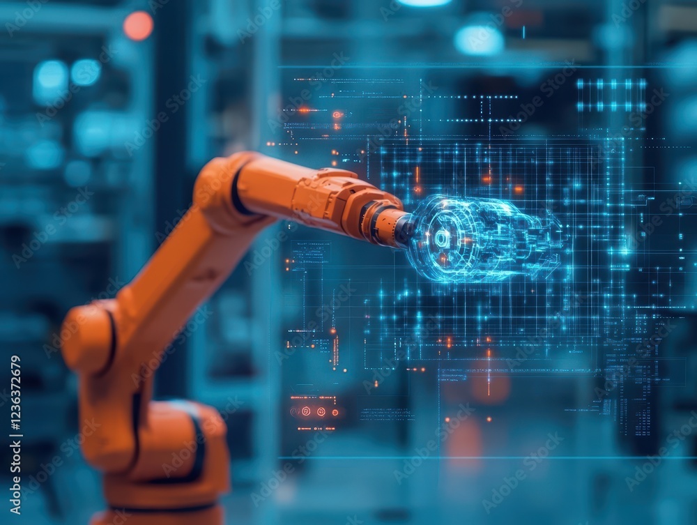 Fototapete Futuristic Robot Examining Detailed Blueprint with Precision in a High-Tech Environment Reflecting Innovation and Advanced Technology Design Concepts