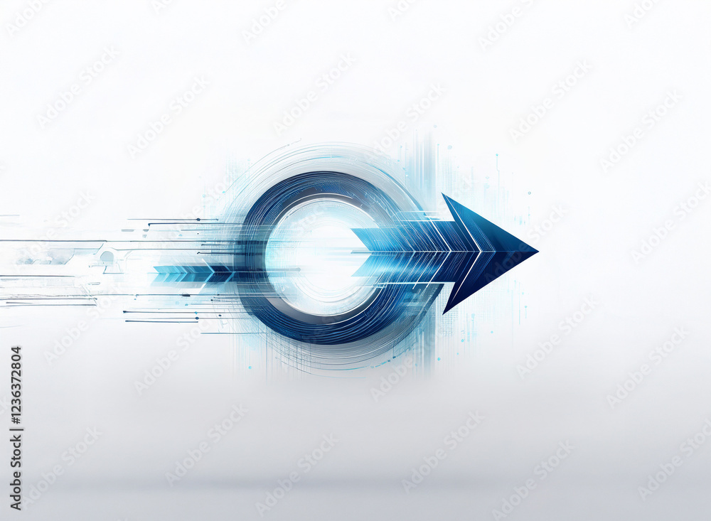 Poster Abstract digital artwork featuring a blue circular arrow design, symbolizing technological progress and rapid movement.  The image evokes feelings of speed, innovation, and futuristic technology.