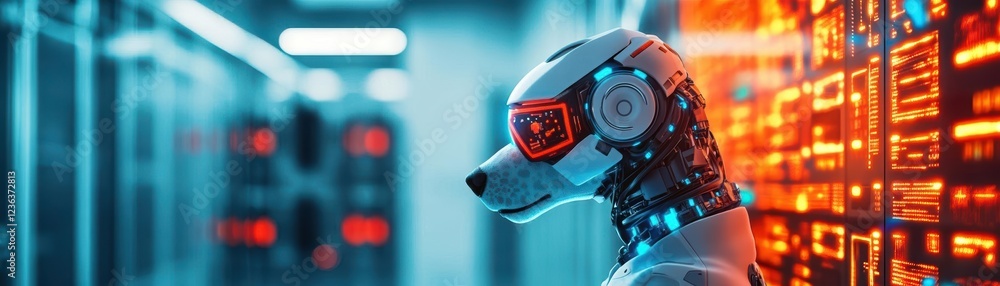 Aufkleber Futuristic Robot Operating Amongst High-Tech Data Servers in a Modern Data Center Reflecting Innovation and Efficiency in Technology and Automation