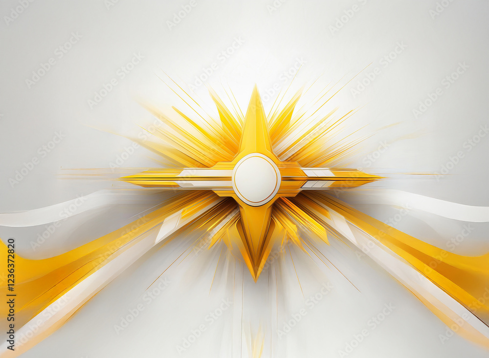 Poster abstract digital art depicting a radiant, golden starburst. dynamic lines and shapes create a sense 