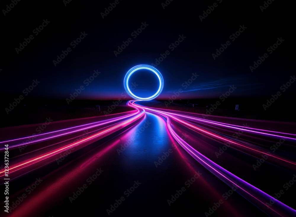Poster abstract image of glowing neon light trails converging on a luminous blue ring in the dark. the scen