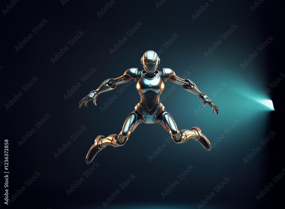 Poster A chrome female robot leaps forward, dynamically posed against a dark blue backdrop illuminated by a teal light beam.  The scene evokes a sense of futuristic action and technological advancement.