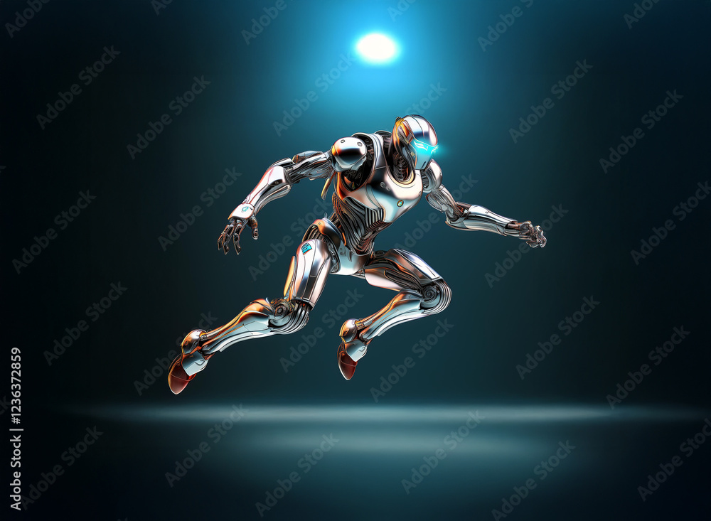 Aufkleber A chrome robot leaps forward, illuminated by a single light source in a dark setting.  Its polished metallic surface reflects the light, showcasing its powerful, dynamic pose.