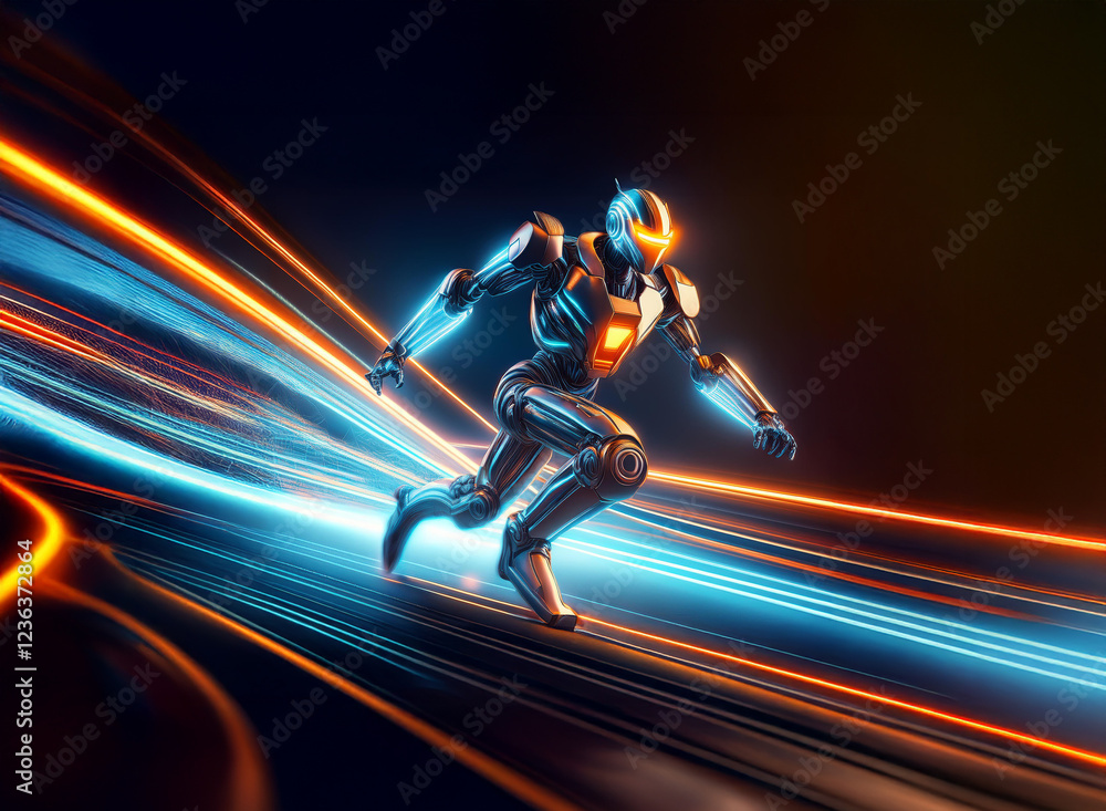 Poster a futuristic robot, sleek and metallic, runs at incredible speed, leaving glowing trails of light in