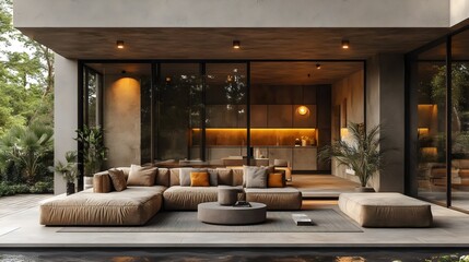 A large living room with a couch, coffee table, and potted plants