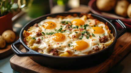 Breakfast casserole with eggs, sausage, potatoes, and melted cheese.