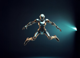 Fototapeta premium A chrome female robot leaps forward, dynamically posed against a dark blue backdrop illuminated by a teal light beam. The scene evokes a sense of futuristic action and technological advancement.