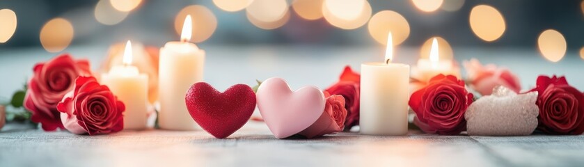 Romantic Arrangement of Flickering Candles and Delicate Hearts Surrounded by Fresh Red Roses on Rustic Wooden Table Evoking Warmth and Love