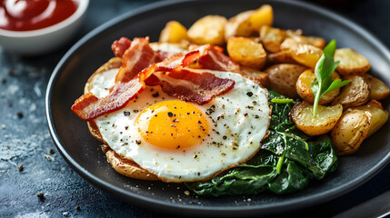 Breakfast eggs with turkey bacon, roasted potatoes, and sautéed spinach.