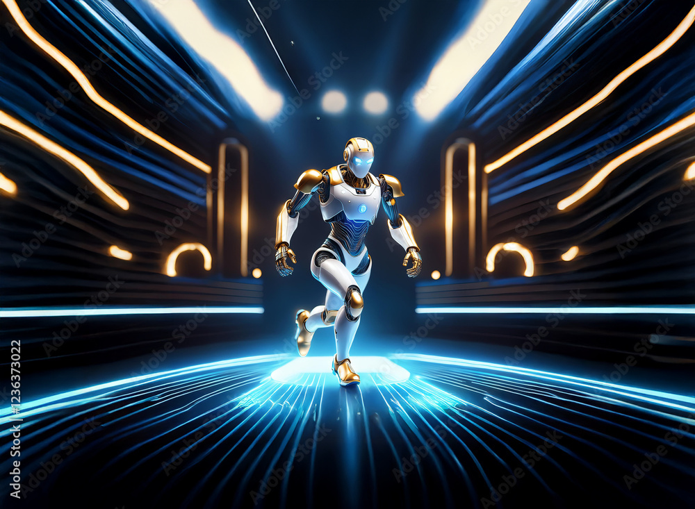 Poster a futuristic humanoid robot, white and gold, runs across a glowing blue and gold platform in a dark,