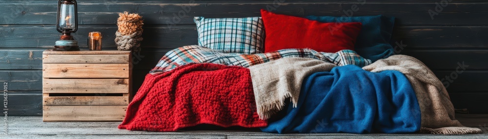 Aufkleber cozy arrangement of soft colorful blankets spread across a warm wooden floor creating an inviting at