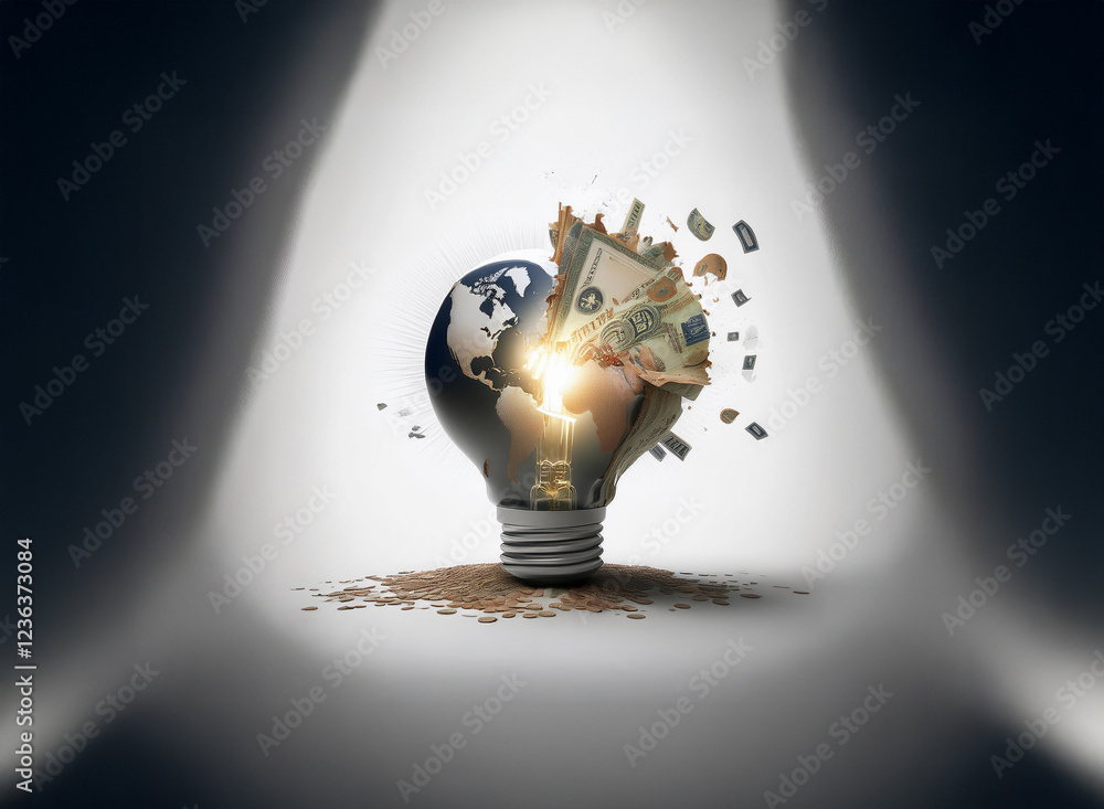 Poster a lightbulb explodes, revealing a shattered globe and erupting banknotes. the scene is dramatically 