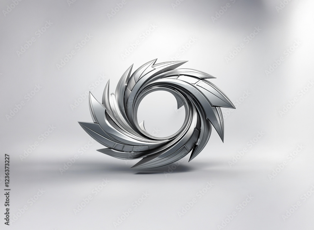 Poster A swirling, metallic abstract sculpture, reminiscent of a stylized vortex or flower, rests on a plain white surface, illuminated by soft light.  The design is intricate and three-dimensional.