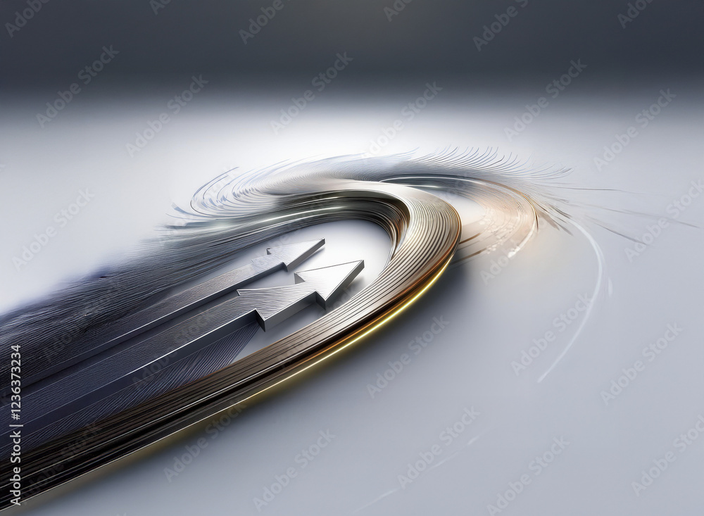 Leinwandbilder Abstract 3D rendering of metallic arrows curving dynamically, suggesting progress and speed.  The design features swirling lines and a bright light source, creating a sense of movement and energy.