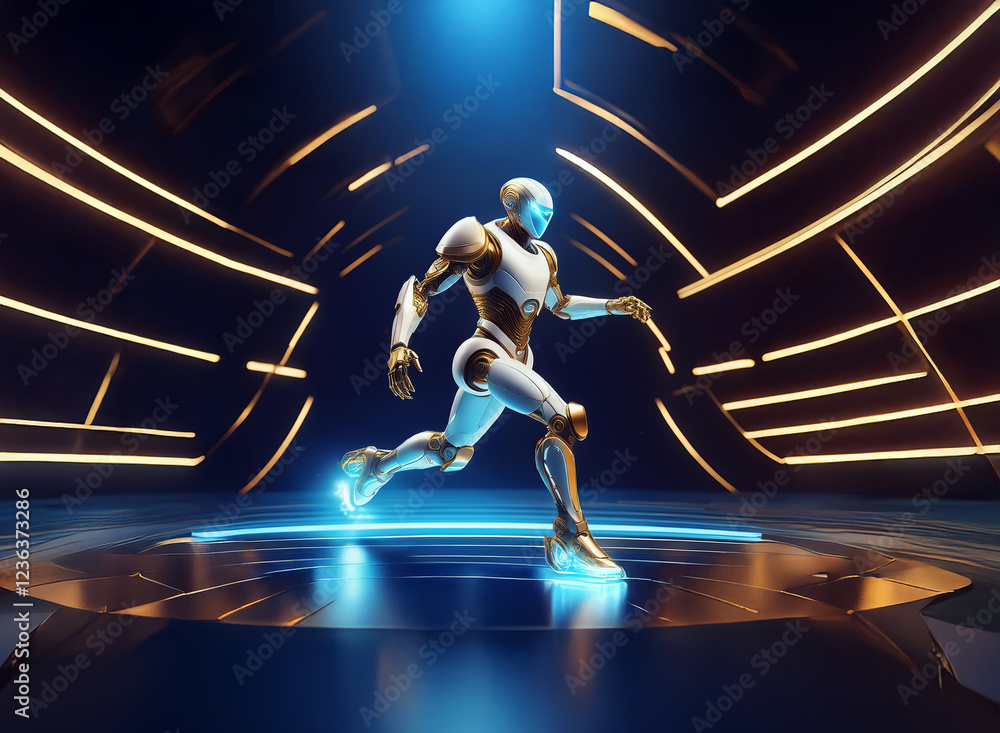 Poster A white and gold humanoid robot runs through a futuristic, neon-lit corridor.  The scene is dynamic and technologically advanced.