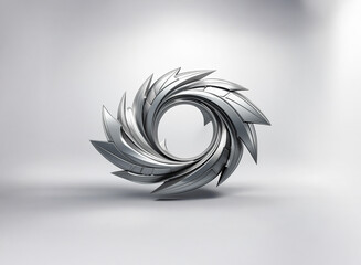 A swirling, metallic abstract sculpture, reminiscent of a stylized vortex or flower, rests on a plain white surface, illuminated by soft light.  The design is intricate and three-dimensional.
