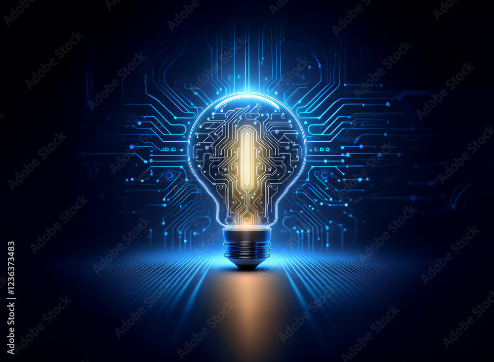 Poster a glowing lightbulb, its filament replaced by intricate circuitry, symbolizes innovation and technol