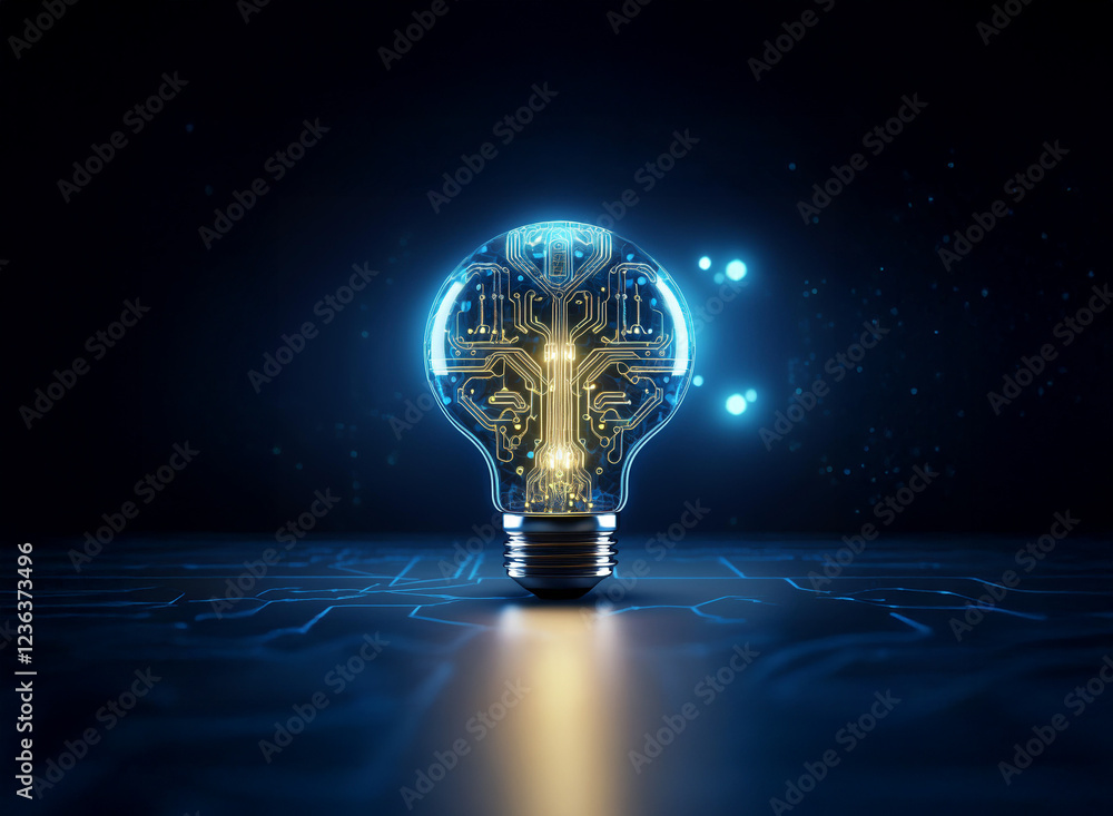 Poster a glowing lightbulb, its interior a complex circuit board, sits on a dark, tech-inspired surface. th