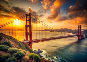 Fototapeta premium Golden Gate Bridge at Evening, San Francisco, Vintage Photography