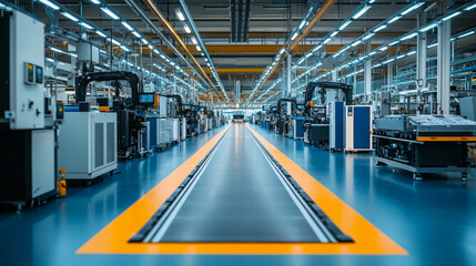 Obraz premium Modern factory interior, automated production line, clean industrial space. Manufacturing plant industry technology machinery conveyor belt automation futuristic efficient equipment.