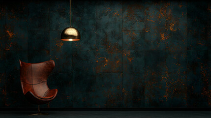 Leather armchair, copper lamp, dark wall, interior design, home decor