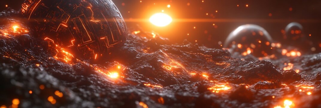 Glowing exoplanet surface with cybernetic life forms and pulsating lights 