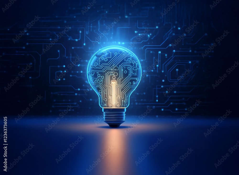 Aufkleber A glowing lightbulb, its filament replaced by intricate circuitry, illuminates against a backdrop of digital pathways, symbolizing innovation and technological advancement.
