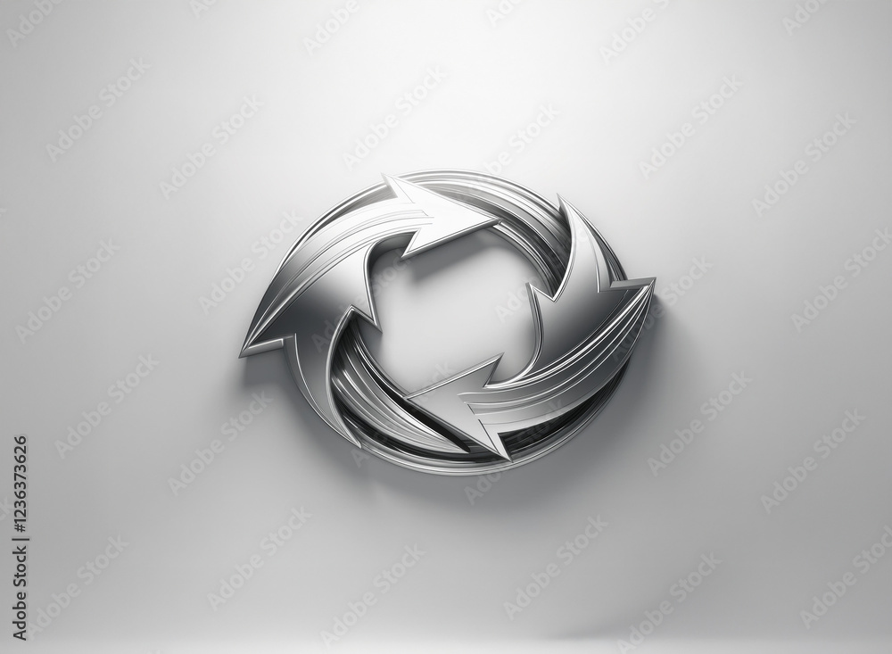 Poster a sleek, metallic circular design featuring three interlocked arrows, suggesting continuous motion a