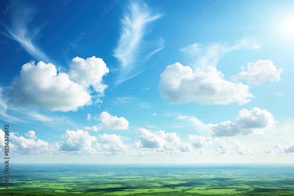 Poster Vast Expanses of Bright Blue Sky Adorned with Fluffy White Clouds Creating a Tranquil and Peaceful Atmosphere in an Open Natural Environment