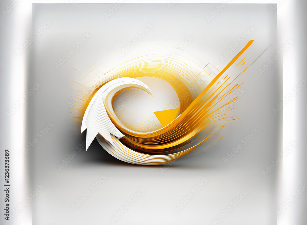 Poster Abstract swirling design.  Dynamic, vibrant gold and white forms create a sense of motion and energy within a minimalist, gray square frame.