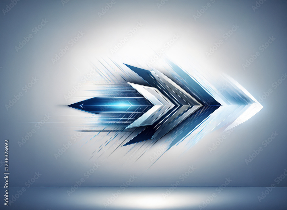 Leinwandbilder Abstract image of a dynamic, three-dimensional arrow composed of layered, translucent shapes in shades of blue and white, suggesting speed and movement against a subtle gray background.