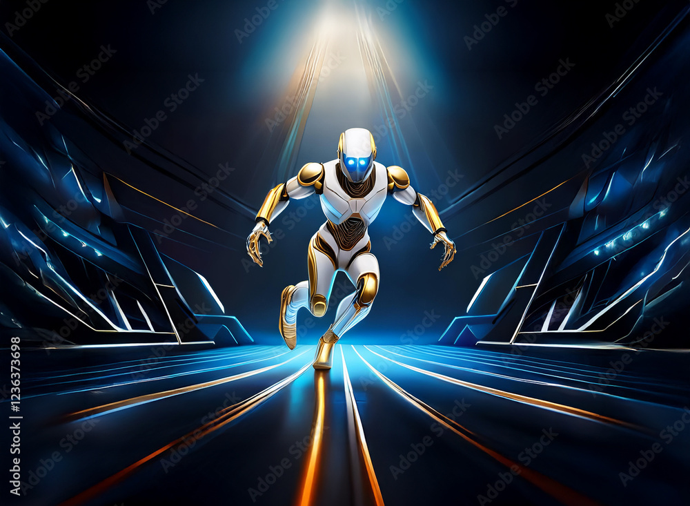 Poster a futuristic white and gold robot runs down a glowing blue and orange track in a dark, technological