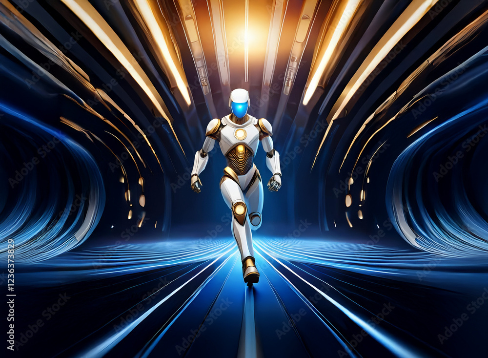 Poster a futuristic robot, white and gold, strides confidently down a glowing blue and gold corridor. the s